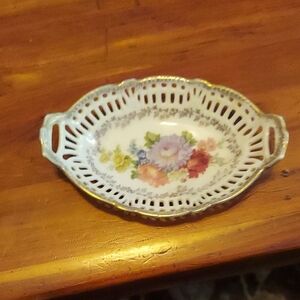 Floral Decorative Porcelain Dish with Gold Trim